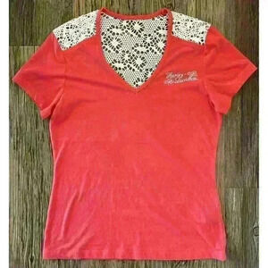 Harley Davidson Tee Womens Medium Coral Crochet Lace Short Sleeve Mandan, ND